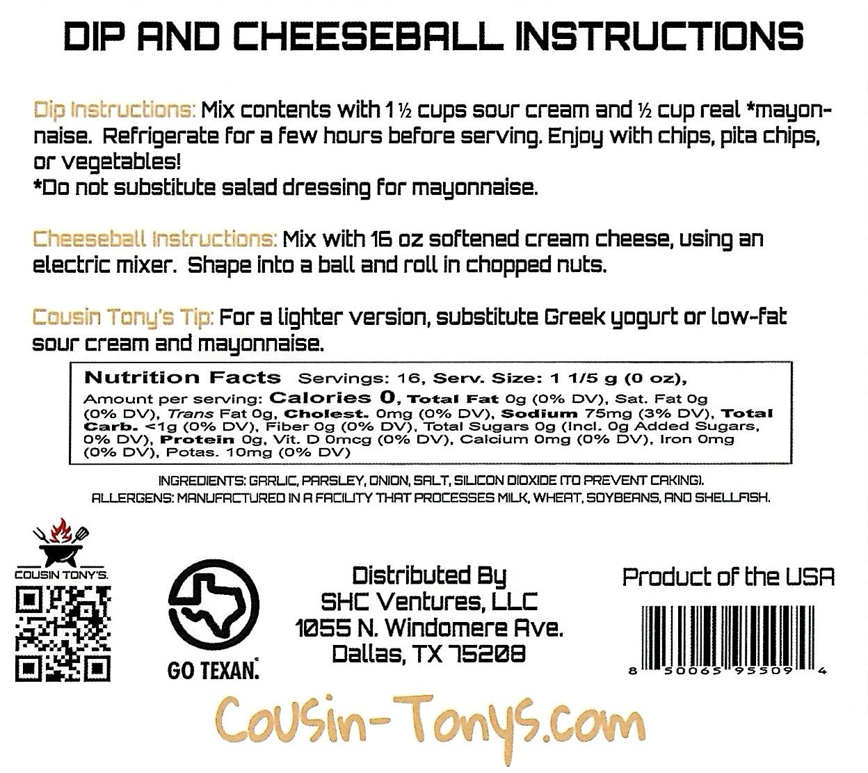 Cousin Tony’s ™ Roasted Garlic Dip and Cheeseball Mix