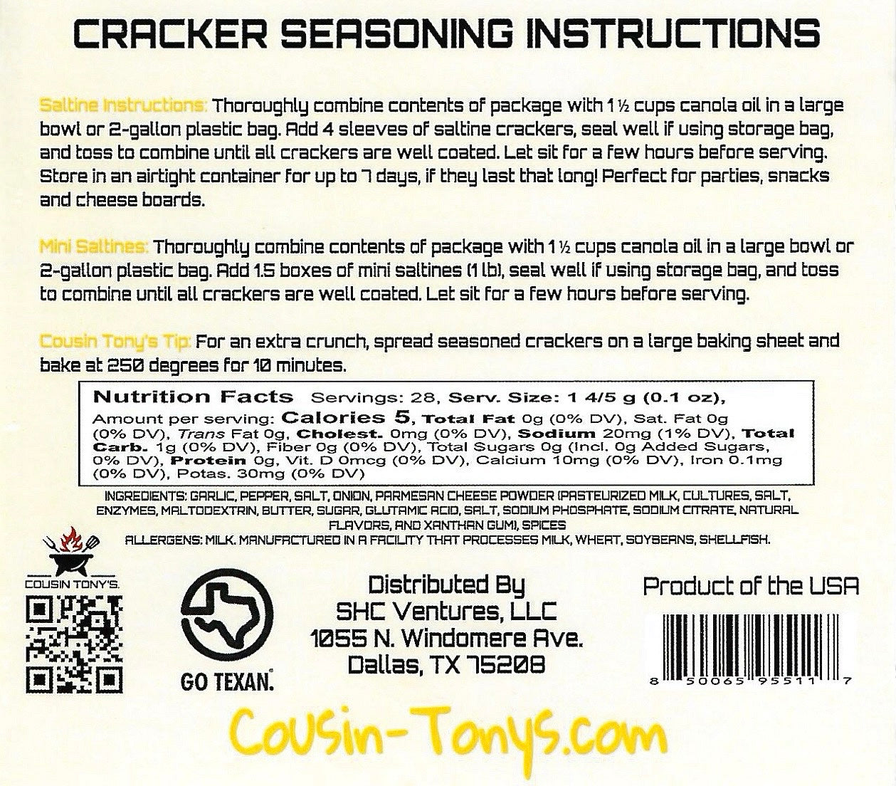Cousin Tony’s ™ Garlic Parmesan Cracker Seasoning Mix