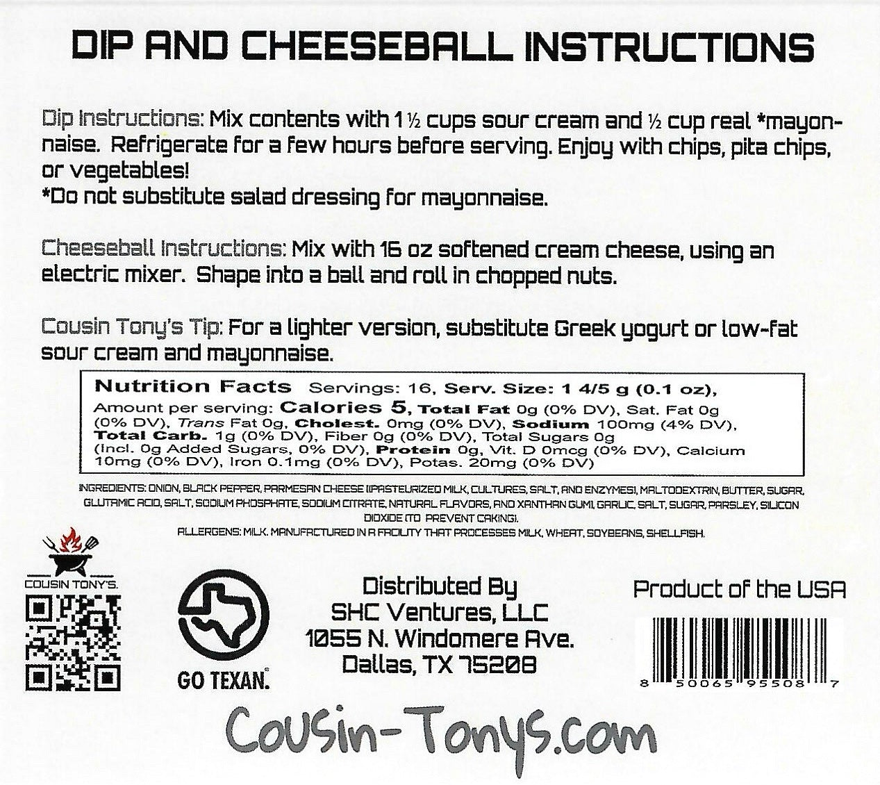 Cousin Tony’s ™ Peppercorn Parmesan Dip and Cheeseball Mix