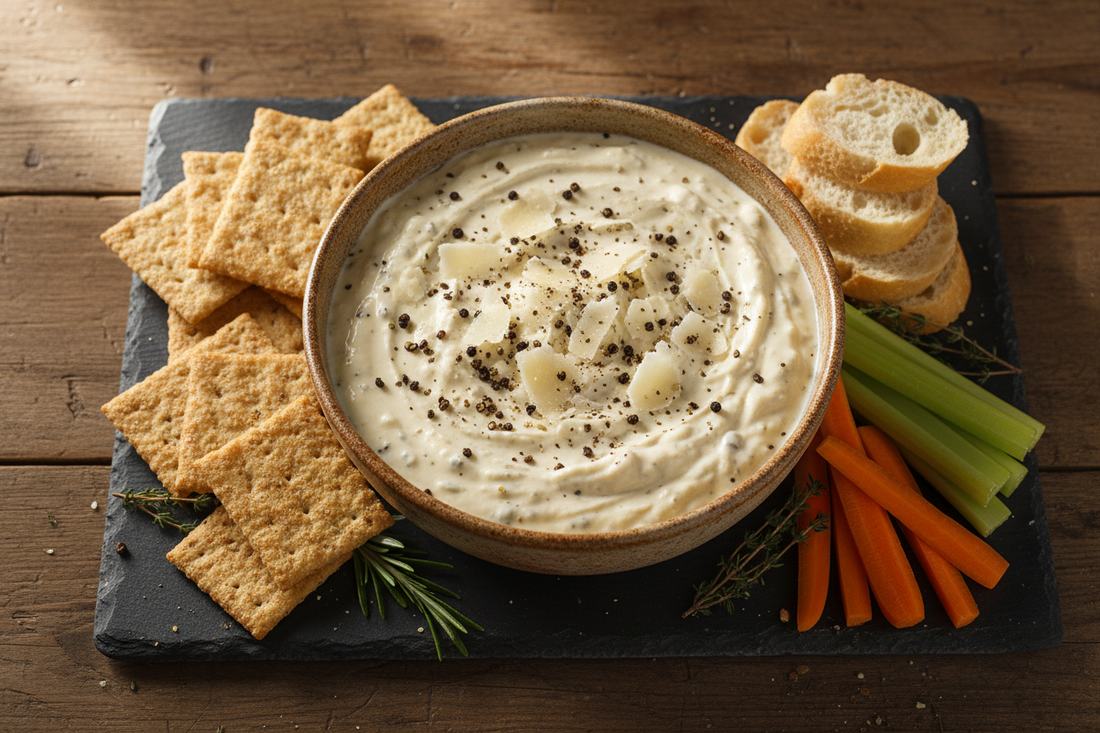 Bowl of Cousin Tony's Peppercorn Parmesan Dip with chips and vegetables