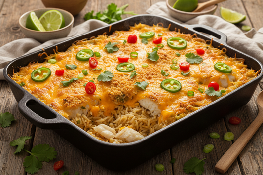 Jalapeño Cheddar Fish and Rice Bake