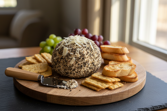 Cousin Tony's Peppercorn Parmesan Cheeseball rolled in chopped nuts on a serving board