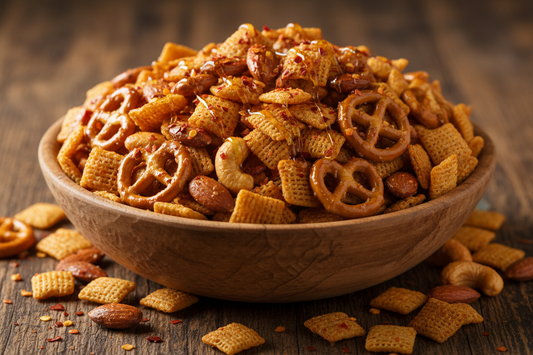 Sweet and Spicy seasoned snack mix with nuts, pretzels, and corn chips