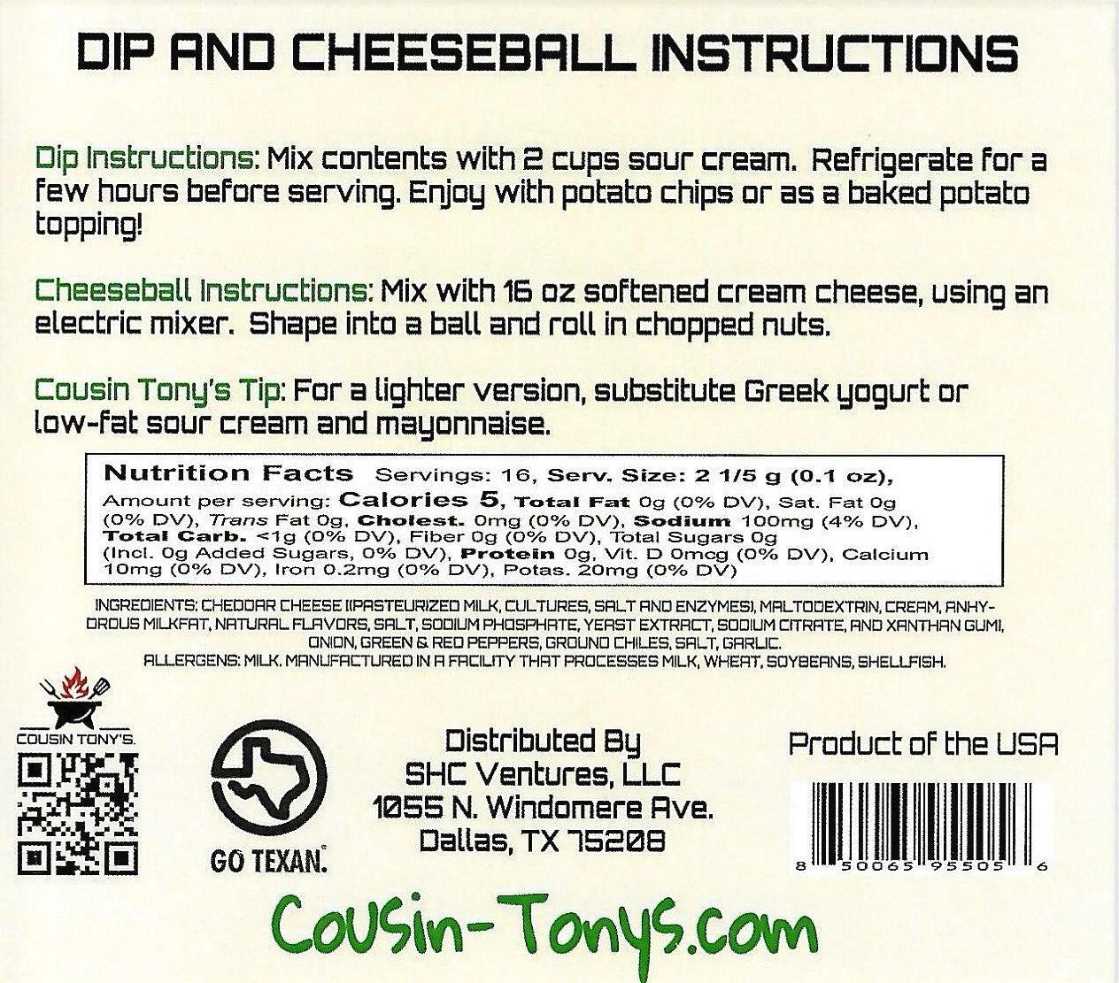 Cousin Tony’s ™ Jalapeño Cheddar Dip and Cheeseball Mix