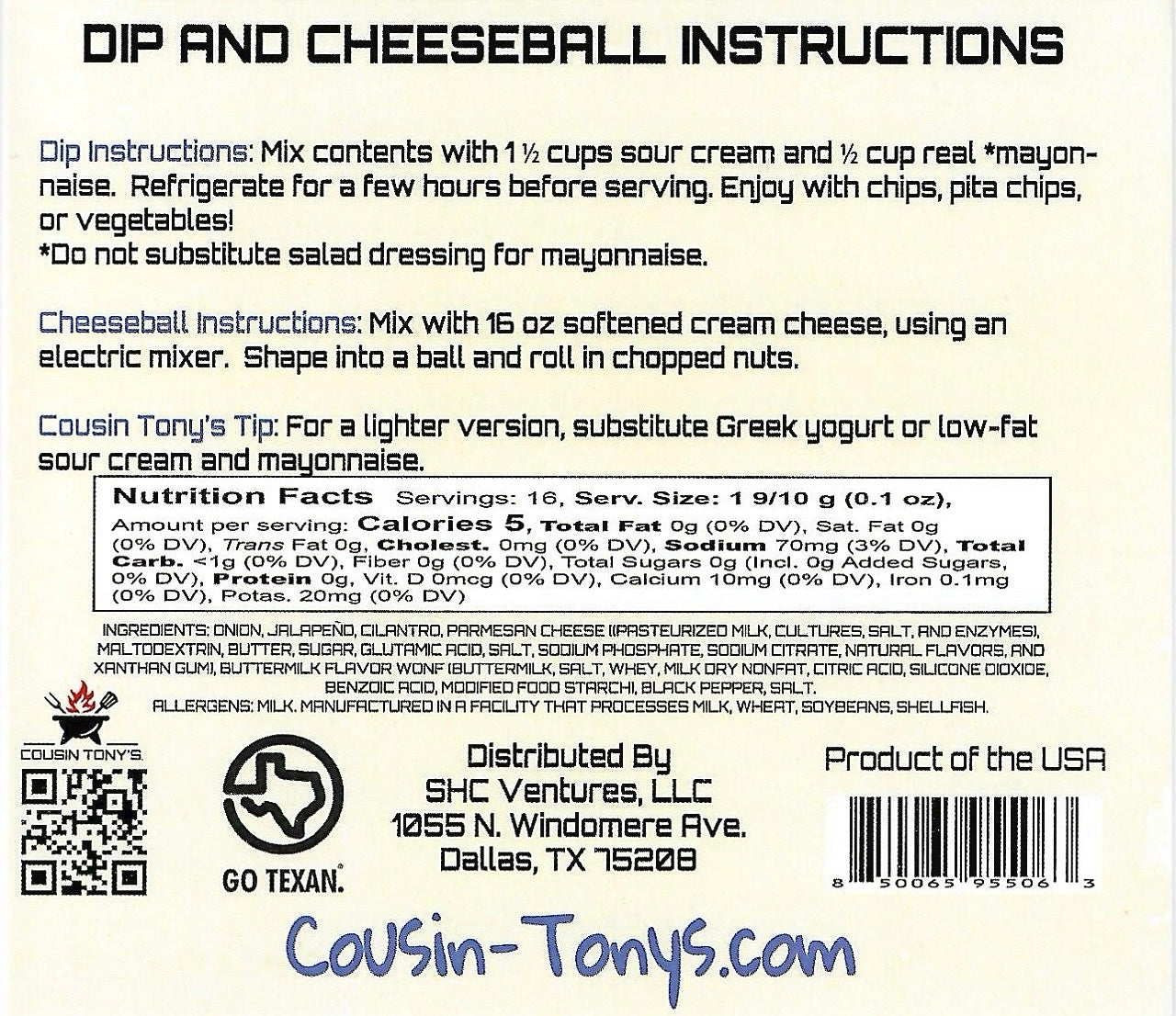 Cousin Tony’s ™ Jalapeño Ranch Dip and Cheeseball Mix