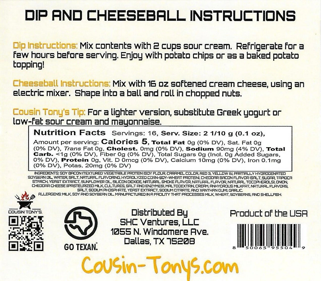 Cousin Tony’s ™ Cheddar Bacon Dip and Cheese Ball Mix
