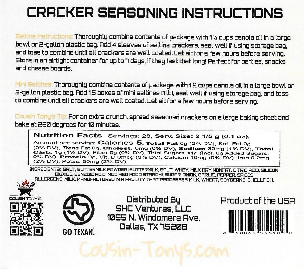 Cousin Tony’s ™ Buttermilk Ranch Cracker Seasoning Mix