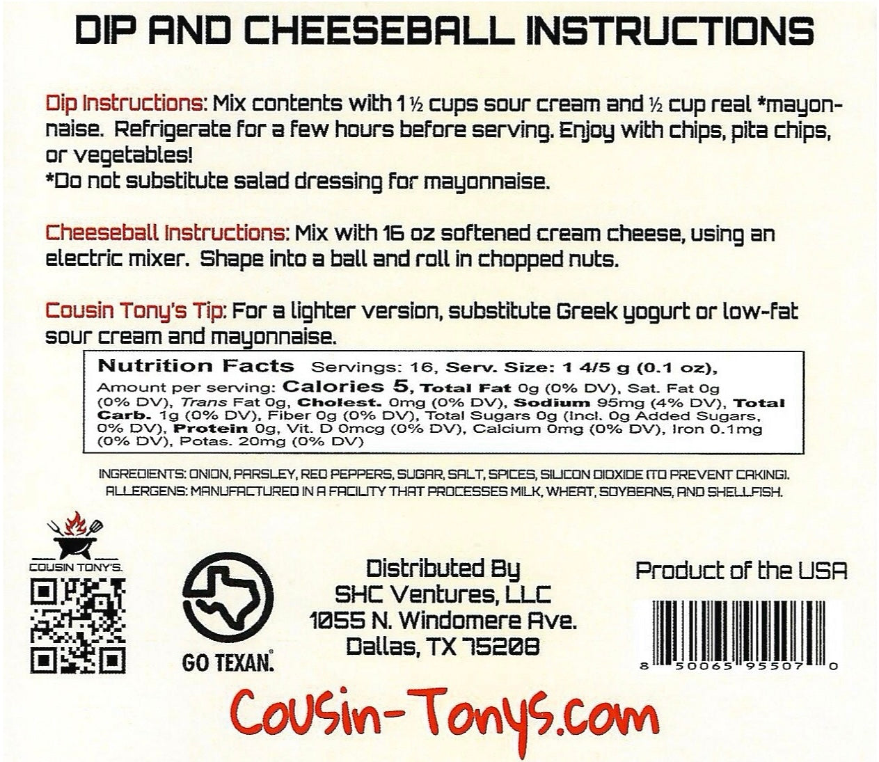Cousin Tony’s ™ Mexican Spice Dip and Cheeseball Mix