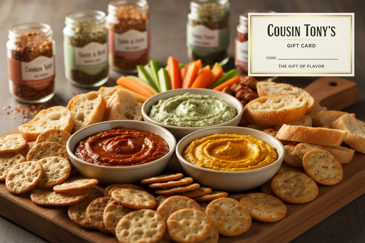 Cousin Tony's gift card with snack spread